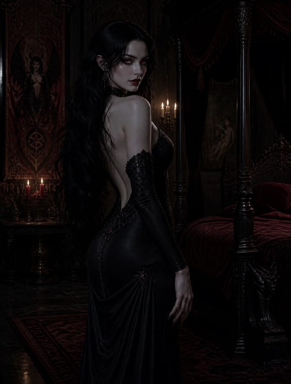 A succubus stands in a dimly lit chamber. The succubus has a woman's face with sharp features, and… prompt example