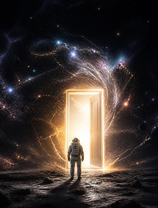 A lonely astronaut discovering a glowing door in the middle of the universe, stars bending arou…