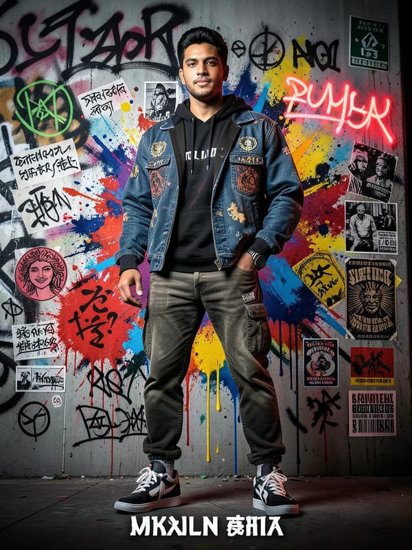 Create a high-detail portrait poster in a bold Japanese graffiti-inspired art style, combining…