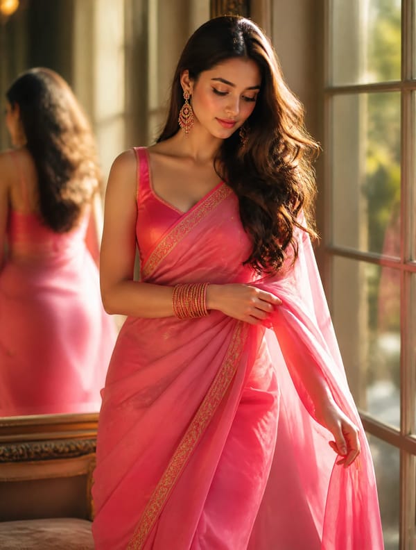 beside a large window in warm golden-hour sunlight, wearing a vibrant hot-pink saree with delic…