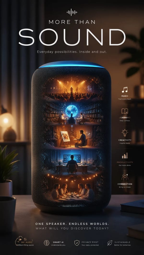 A premium 9:16 audio-tech advertising poster.Main Subject: prompt example