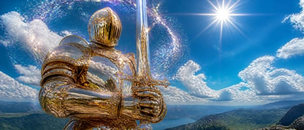 vertical low-angle shot half body portrait, medieval knight fully clad in mirror polished chrom…