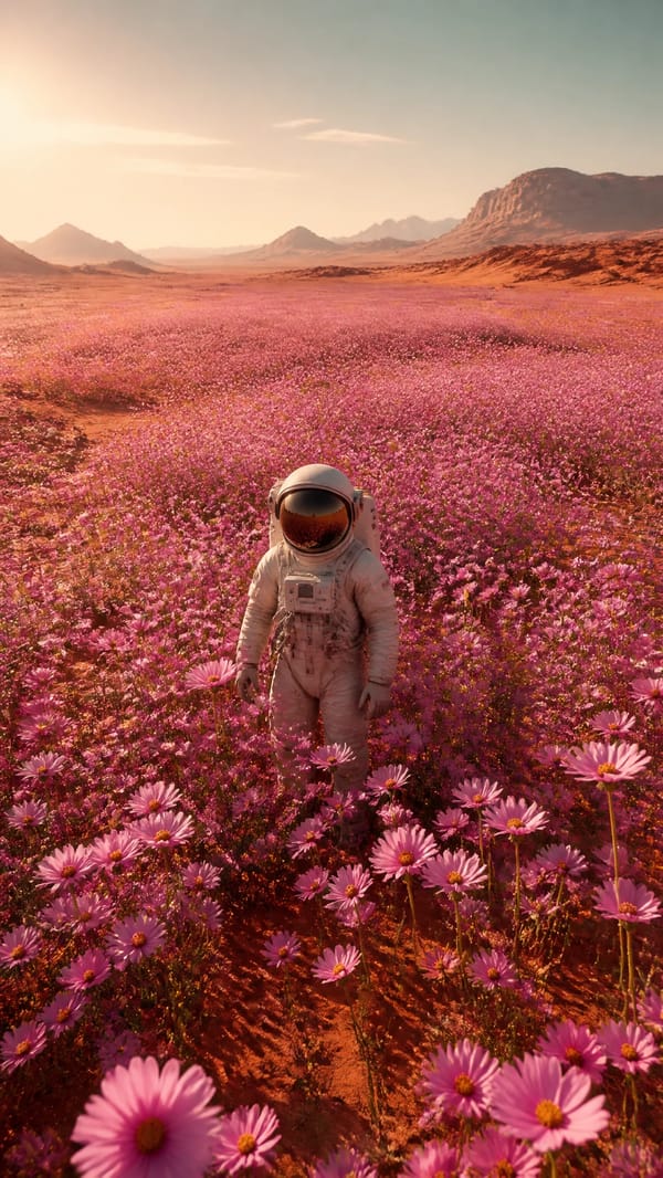 A highly detailed astronaut in a realistic, well-textured space suit standing at the center of…