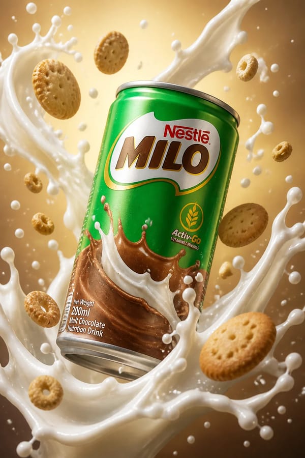 Create a high-quality, hyper-realistic advertisement image featuring a can of 'Milo' in mid-air…
