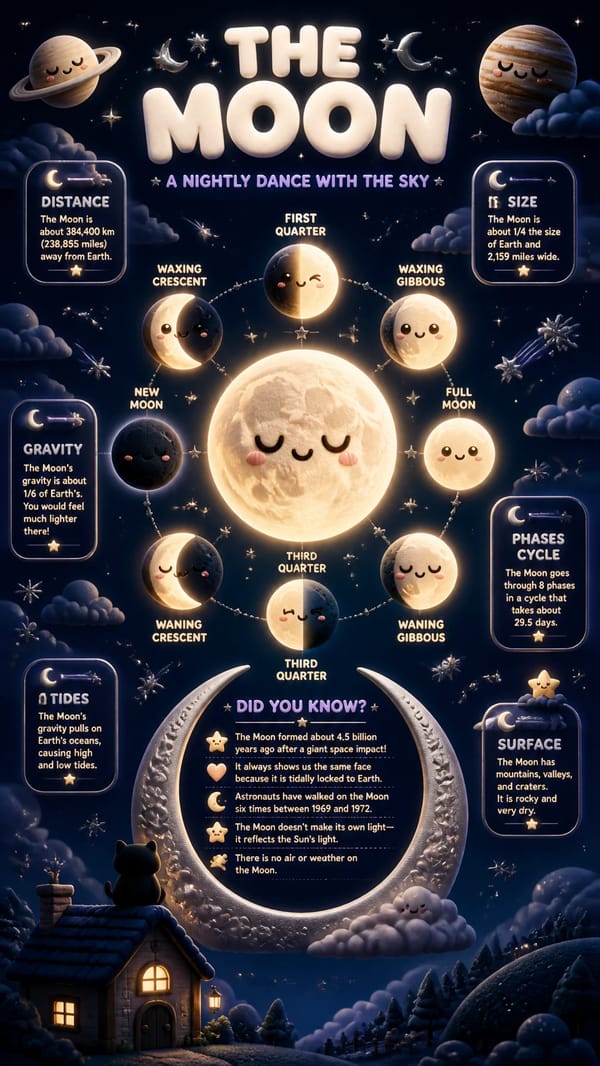 PROMPT:A magical vertical infographic poster in 9:16 format about the moon and its phases, designed… prompt example