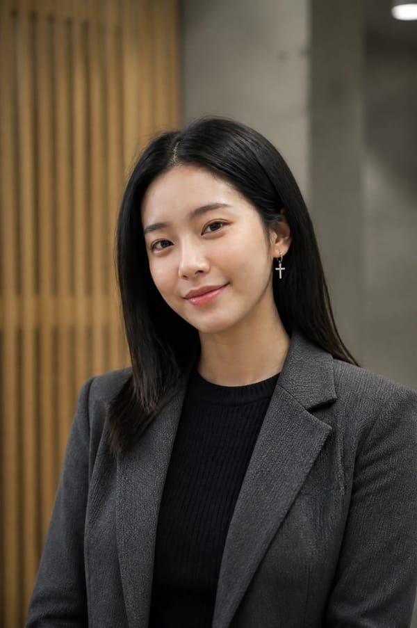 A young East Asian woman with shoulder-length dark hair stands in a professional interior, her…