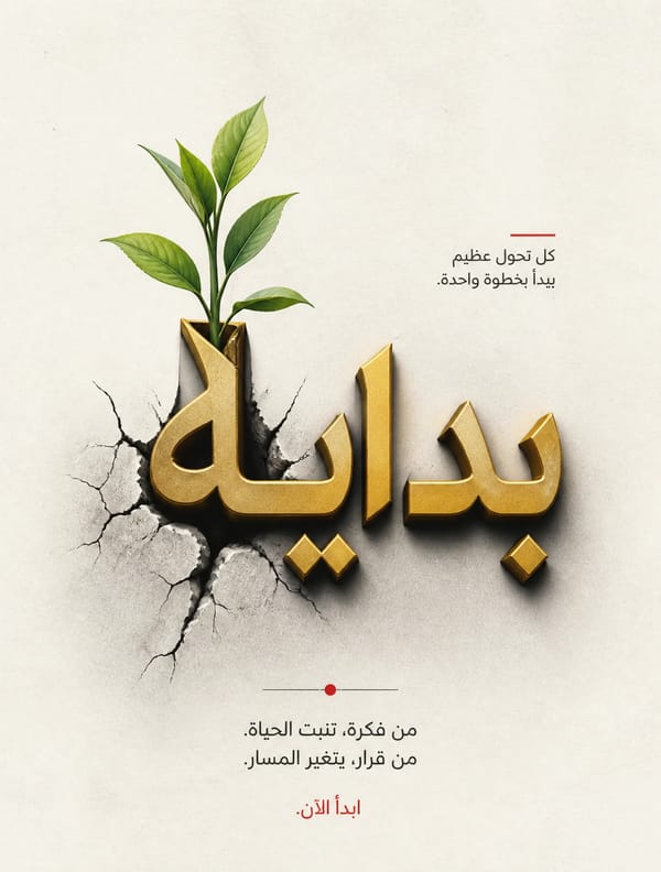 برومبت بوستر تايبوغرافيا مفاهيميالمفهوم / الكلمة: كلمة "بداية" — حرفها الأول يخرج كنبتة خضراء م…