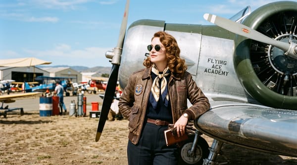 A cool, retro-inspired portrait of a woman leaning against the wing of a vintage propeller plane on… prompt example