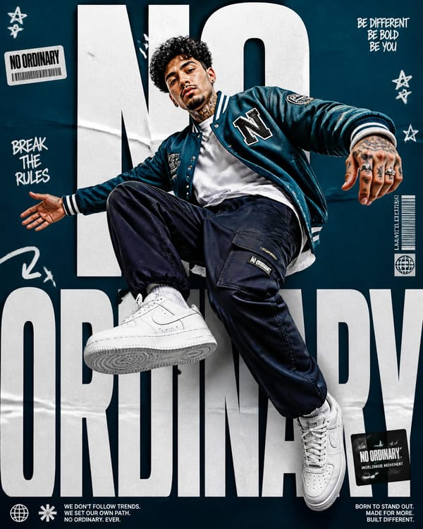 A premium 4:5 urban streetwear editorial advertising poster. Main Subject:A confident young mal…