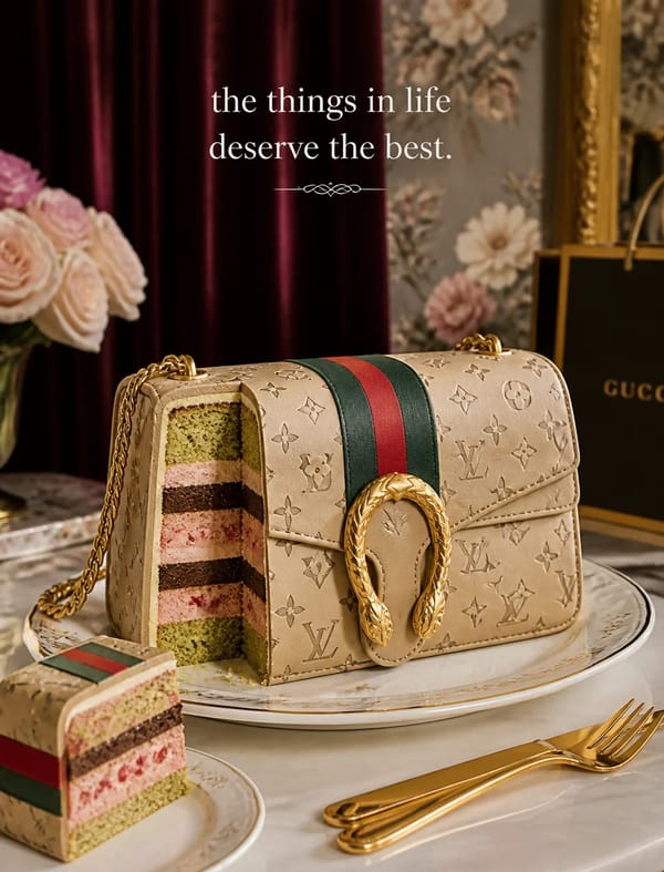 An elegant cake designed like a Louis Vuitton Dionysus handbag, detailed with edible beige canvas p… prompt example