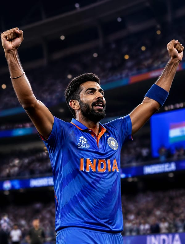 #4263eb, Jasprit Bumrah in an Indian cricket jersey, celebrating a victory with arms raised, dy…