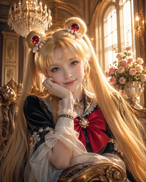 Vertical bust CG portrait, realistic live-action version of Sailor Moon, long golden twin tails…