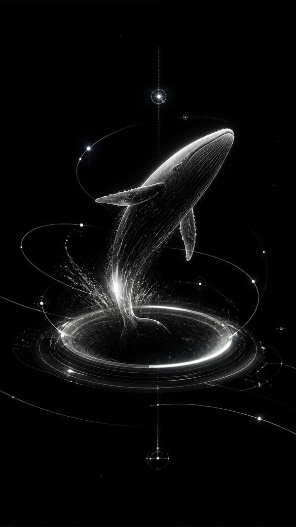 Prompt:Minimal futuristic jumping whale out from galaxy hole -shaped interface floating in dark spa… prompt example