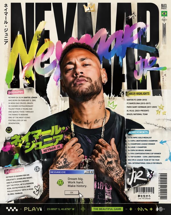 Create an ultra-premium modern Japanese street-art editorial poster featuring NEYMAR JR as the main… prompt example