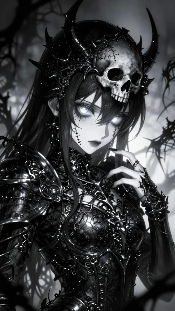 A dark, gothic anime-style character with a porcelain-white complexion emerges from a chaotic t…
