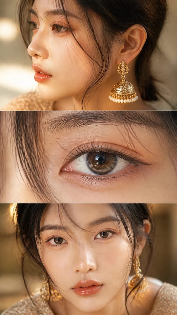 Luxurious cinematic feminine beauty collage in three elegant horizontal frames, editorial fashi…