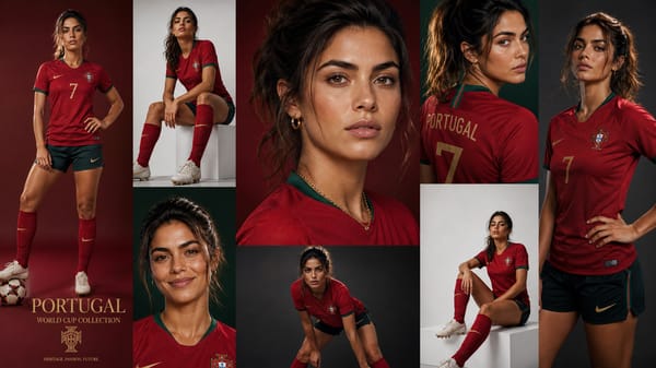 Create a luxury sports fashion collage editorial featuring a stylish young Portuguese woman in Port… prompt example