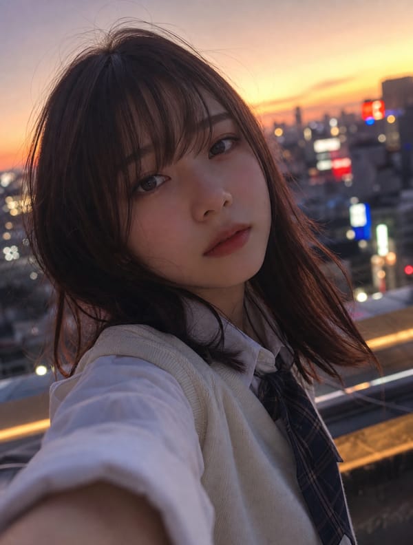 エモーショナルな雰囲気で、夕暮れ時の柔らかな光に包まれた日本人女子大生の自撮り写真。彼女の表情は少し憂いを帯びており、背景には都会のネオンがぼんやりと滲んでいる。浅い被写 prompt pr…