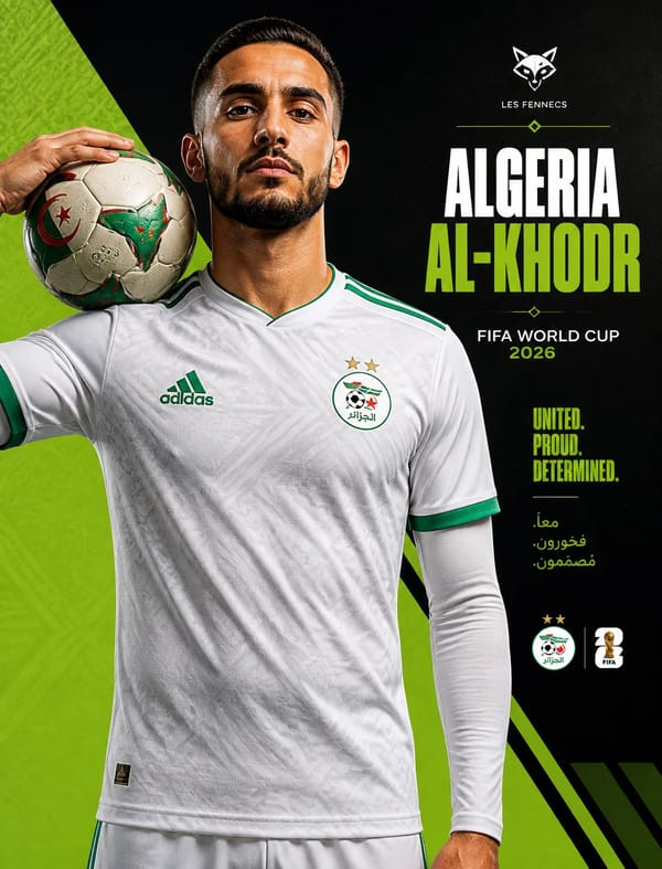 A professional male soccer player representing Algeria (Les Fennecs) stands centered in a mediu…
