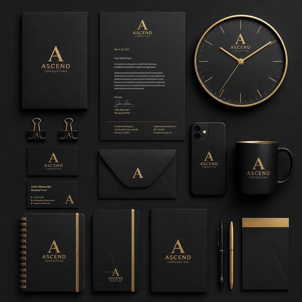A professional corporate branding identity kit is meticulously arranged in a flat-lay compositi…