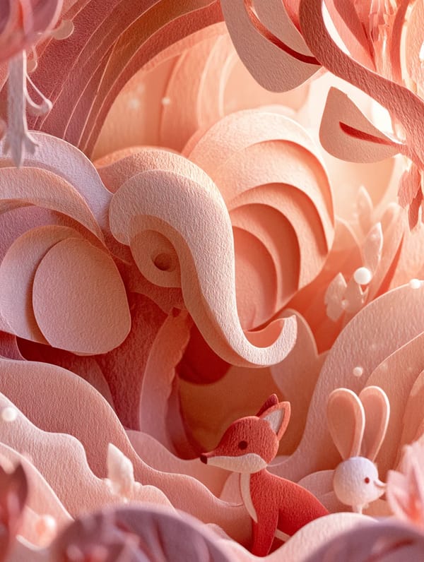 An enchanting paper-cut diorama world made from intricately layered cardstock, featuring adorab…