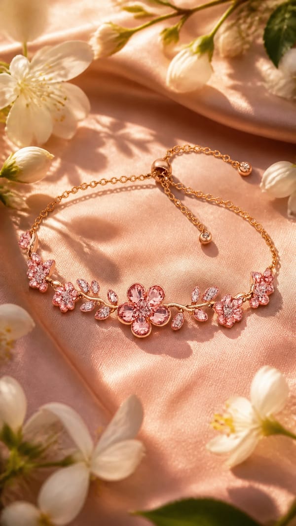 A premium rose-gold floral bracelet [image1] elegantly arranged on soft blush-pink satin fabric…