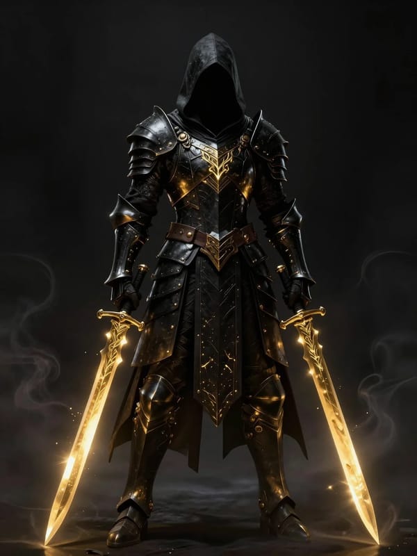 A hooded assassin stands in a void, encased in intricate black plate armor featuring etched cha…