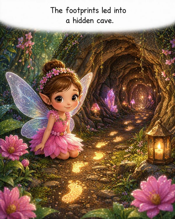 The footprints led into a hidden cave.3D Pixar/DreamWorks-style children's book illustration, u…