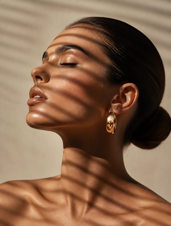 Close-up portrait of a woman showing only her head and shoulders, in profile, head tilted slightly… prompt example