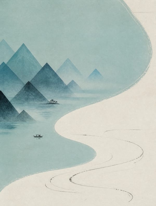 一幅融合宋代山水画意境与极简主义构成的现代艺术作品。画面以天青色为主调，占据60%面积。采用S型构图，远山以几何化的三角形层叠呈现，近景留白处仅以几笔飞白书法线条暗示水波。宣纸纹理细腻，呈现…