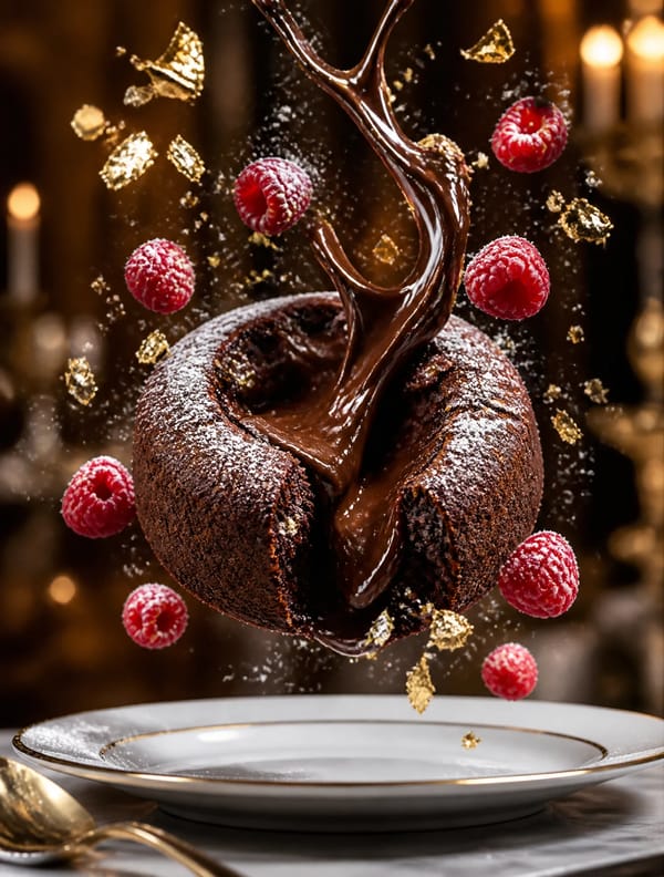 Ultra-detailed cinematic shot of a decadent chocolate lava cake levitating above an elegant whi…