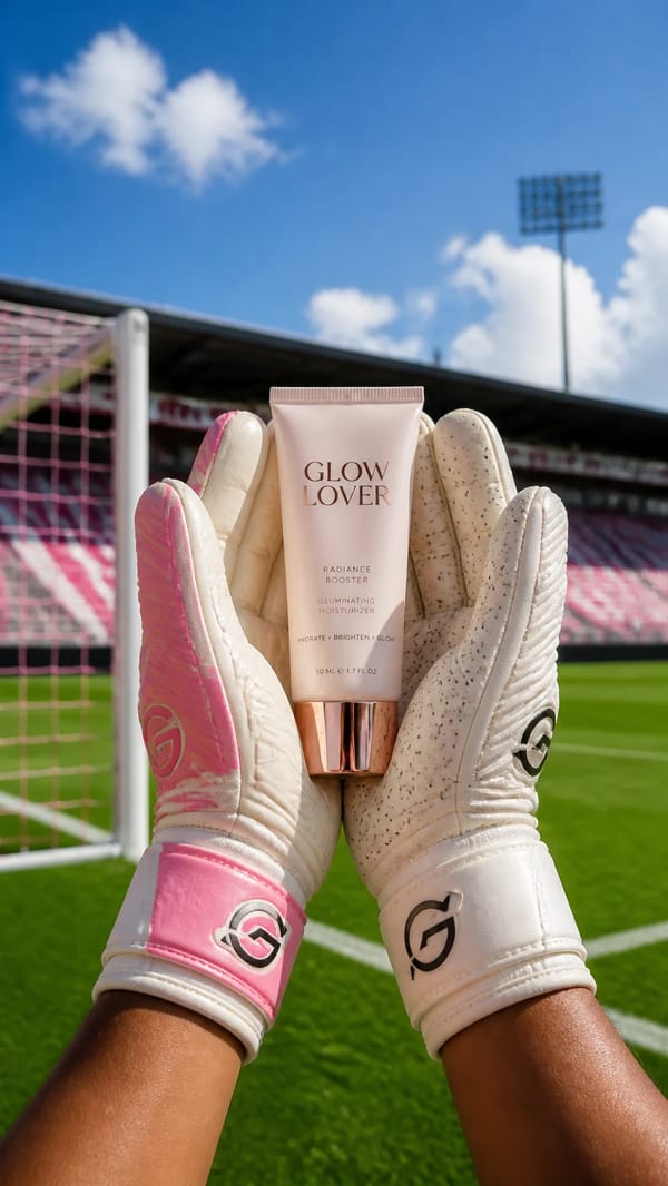 A pair of goalkeeper gloves, one with pink accents, is held in the center of the frame, supporting… prompt example