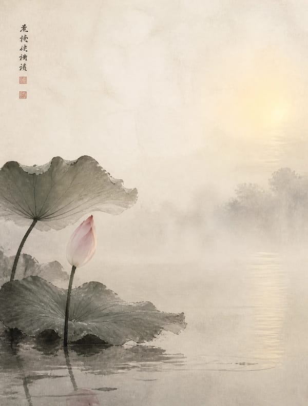 中国传统水墨禅意风格荷花插画，【画面意境】清晨第一缕光照在荷塘的瞬间，薄雾还未散去，整个世界安静得只听见水声，【构图】三七构图，留白占七成，一支荷花居画面左下三分之一，花朵半开未开状态，含苞…