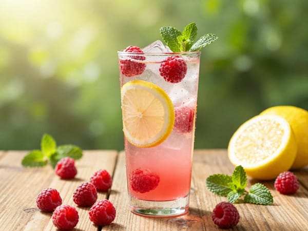 Refreshing raspberry lemonade mocktail served in a clear highball glass filled with ice cubes,…
