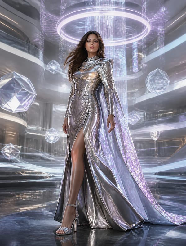 Ultra-realistic futuristic luxury fashion editorial featuring a confident young woman standing…
