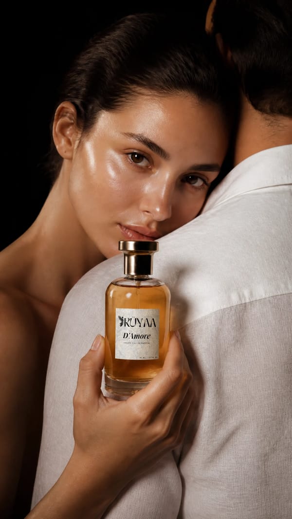 A high-end editorial perfume advertisement features a woman with luminous, dewy skin resting he…