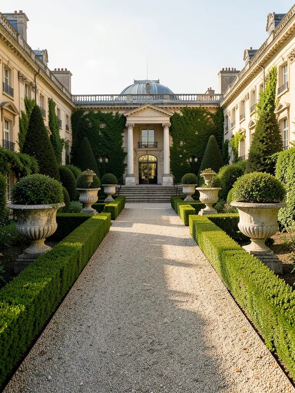 Jardin d une terrasse de palais français, allée de graviers fins, haies de buis taillées avec une p… prompt example