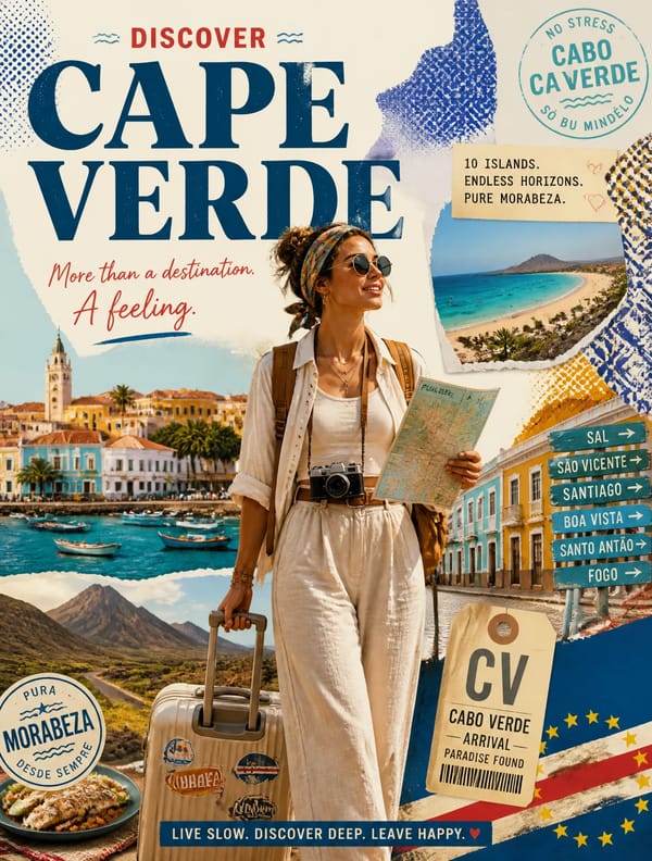 Create a stylized travel poster for [CAPE VERDE].The main subject should be a stylish international… prompt example