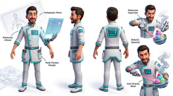 Pixar-inspired futuristic dessert scientist chef character sheet, neon-accented uniform, robotic de… prompt example