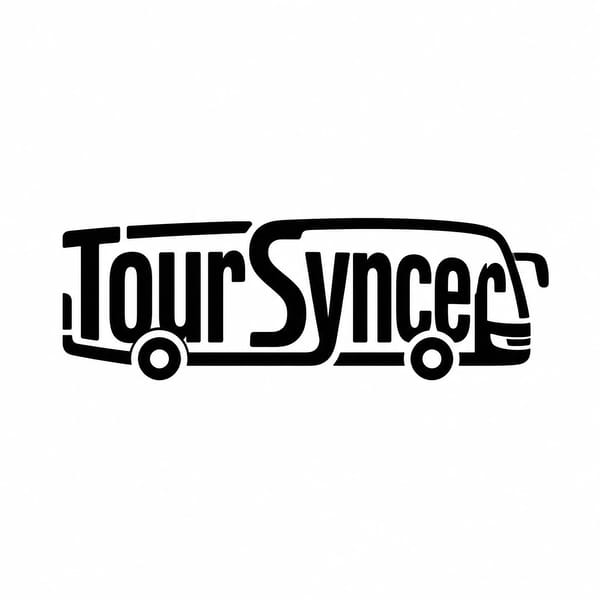 A minimalist logo design where the word "TourSyncer" is transformed into a physical object rela…