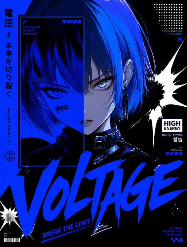 Electric Blue & Jet BlackAnime girl with short electric blue bob haircut and sharp silver eyes,…