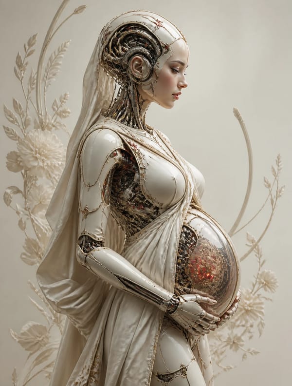 A breathtaking futuristic biomechanical maternity portrait of a pregnant female android in elegant… prompt example