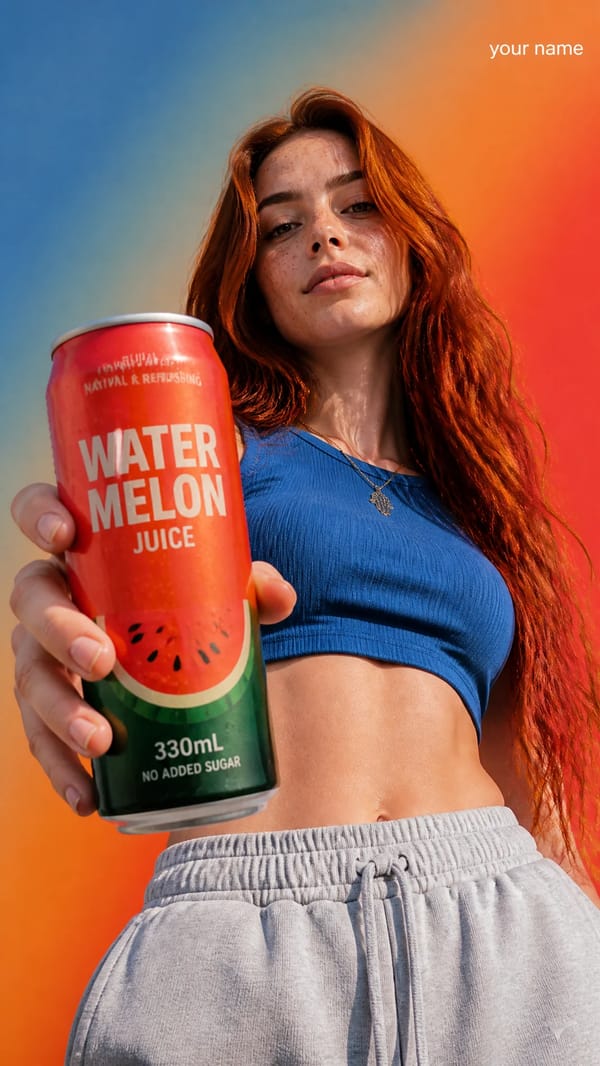 A highly realistic low-angle shot of a confident young woman with long, vibrant red hair, holdi…