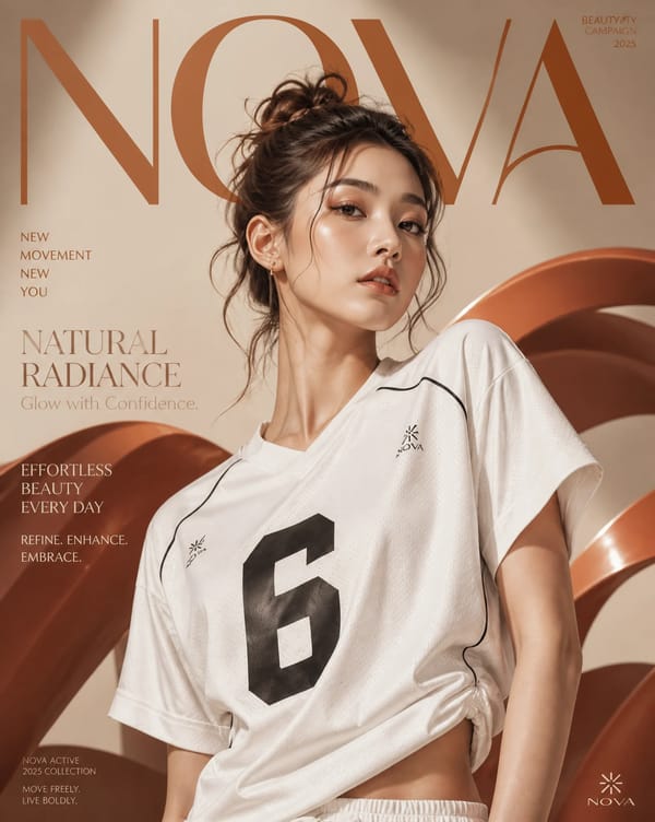 Professional beauty makeup campaign poster for the brand NOVA. Beautiful young Korean woman bas…