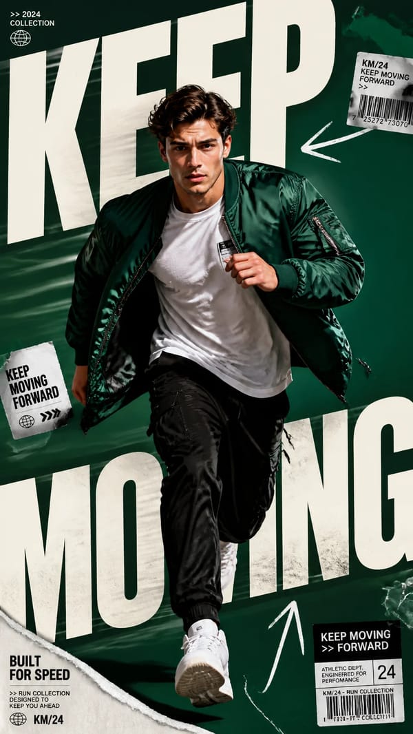 A premium 9:16 fashion editorial campaign poster.Main Subject:A stylish young male model runnin…