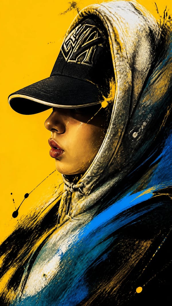 A bold, high contrast digital portrait of[image1] in side profile, facing left. The style is ex…