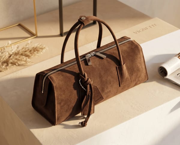 use the reference image to generate an advertisement post of a premium brown leather handbag in a l… prompt example