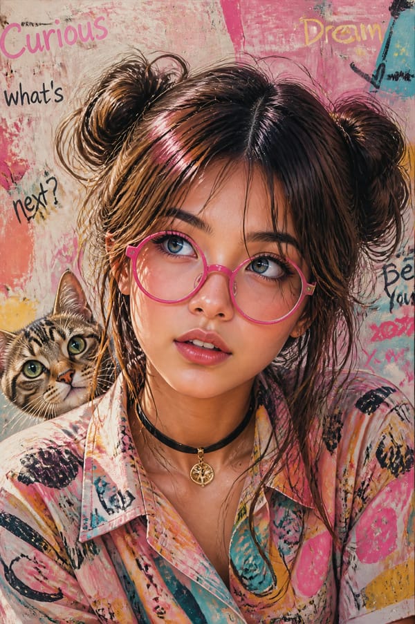 A girl with big expressive blue eyes, wearing bright pink round glasses, a colorful patterned s…