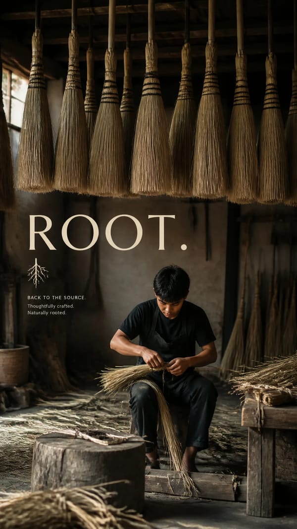 Premium editorial campaign.Main Subject: Young broom maker inside a traditional workshop.Creative D… prompt example