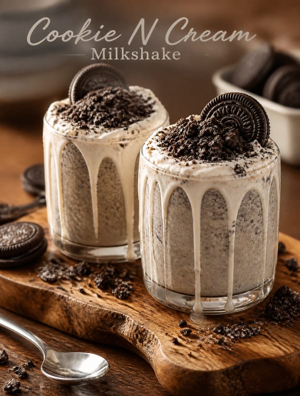 Two cylindrical glasses filled with a thick cookies and cream milkshake sit side-by-side on a rusti… prompt example